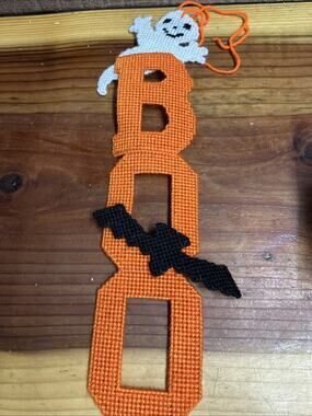 Vintage Ghost BOO Halloween Completed Finished Hanging Plastic Canvas 18.5”